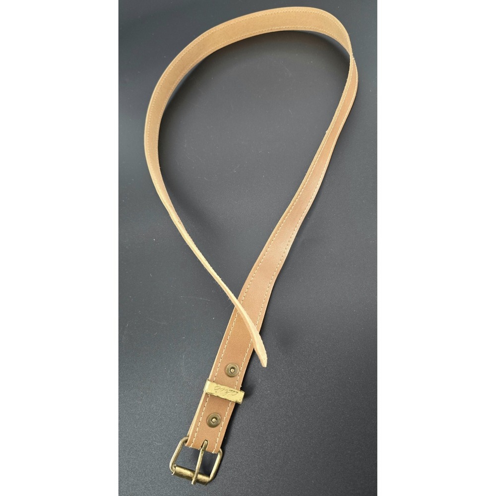 Vtg Tan CHIC Leather Designer Waist Belt 38" Unique Retro Boho 90s Petite BRASS